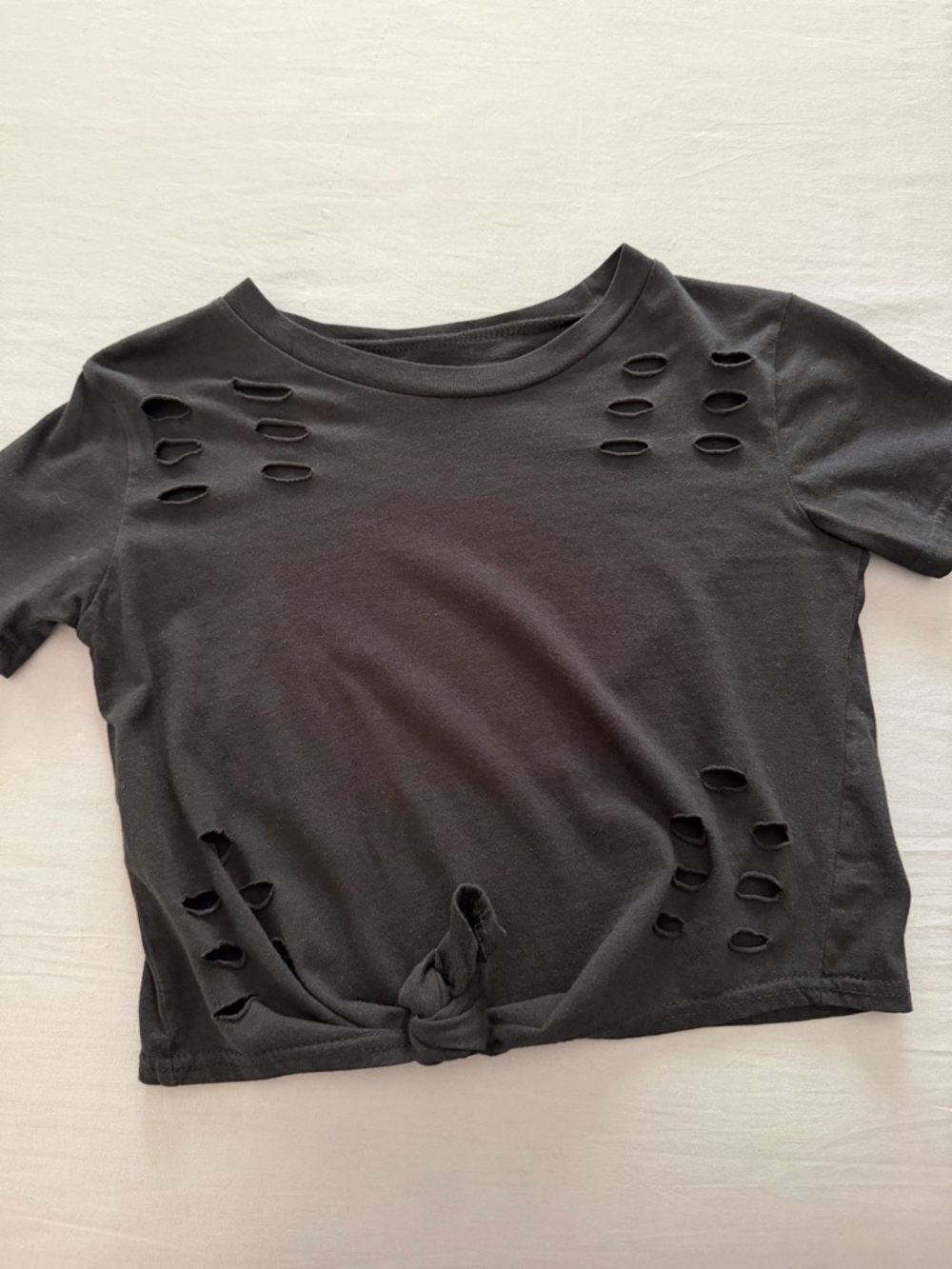 Black Distressed Crop Tee - Women's Short Sleeve Knot Front